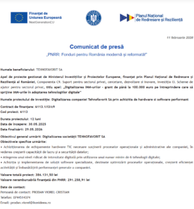Comunicat de presa incepere proiect fonduri PNRR - TEHNOFAVORIT SA