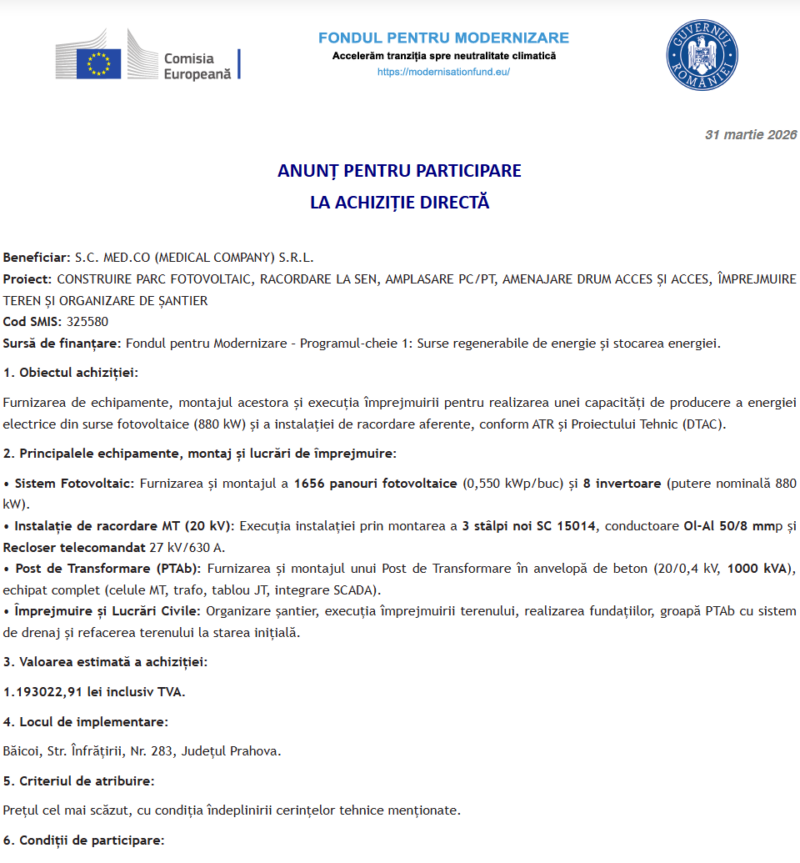 Anunt lansare procedura achizitie directa pentru sistem fotovoltaic, instalatie de racordare, post de transformare, imprejmuire si lucrari civile