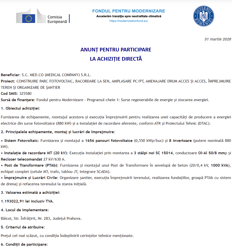 Anunt lansare procedura achizitie directa pentru sistem fotovoltaic, instalatie de racordare, post de transformare, imprejmuire si lucrari civile