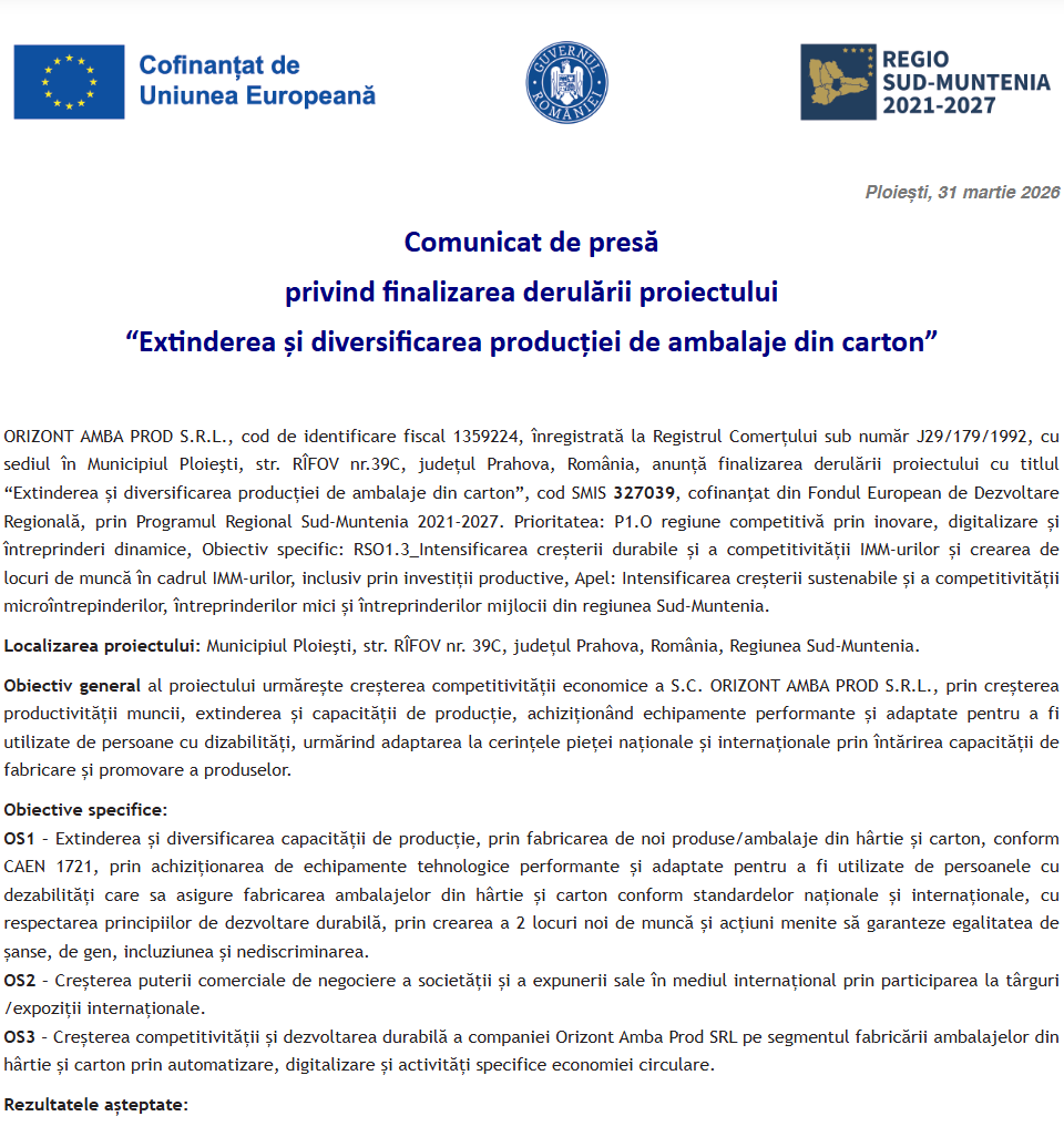 Comunicat de presă privind finalizarea derulării proiectului „Extinderea și diversificarea producției de ambalaje din carton”