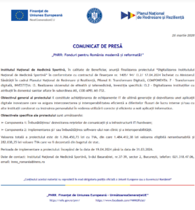 Comunicat de presa finalizare proiect PNRR - Institutul Național de Medicină Sportivă