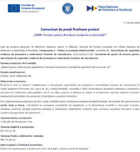 Comunicat de presa finalizare proiect PNRR - OCOLUL SILVIC FRUMOASA SRL