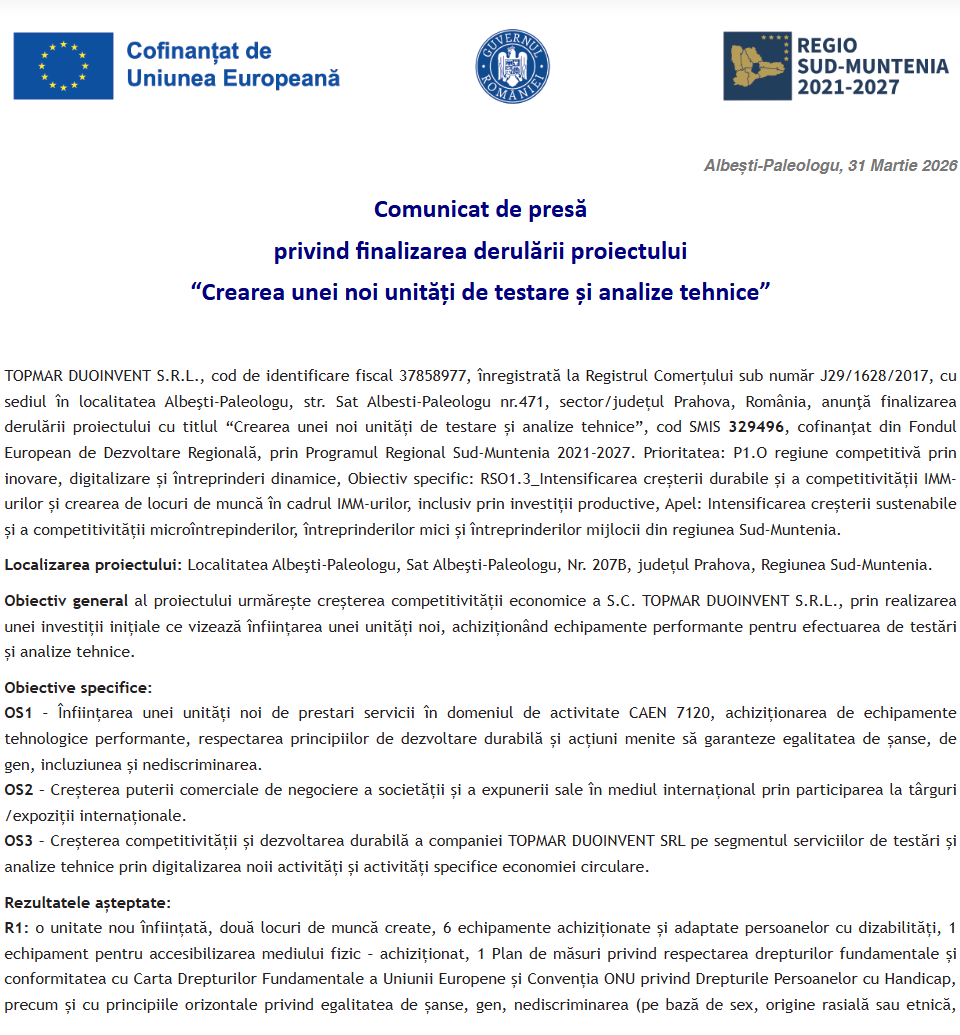 Comunicat de presă privind finalizarea derulării proiectului „Crearea unei noi unități de testare și analize tehnice”