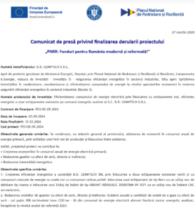 Comunicat de presa finalizare proiect fonduri PNRR - BD LEMNTECH SRL