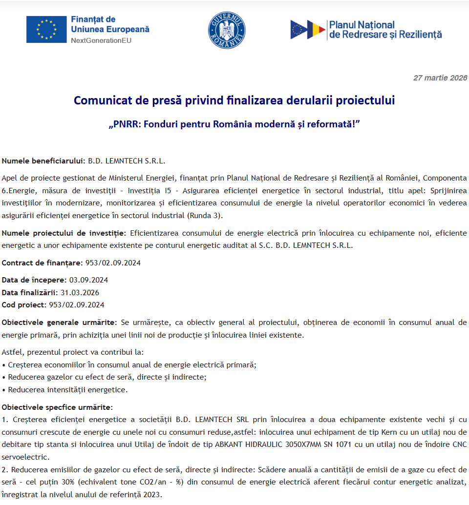 Comunicat de presă privind finalizarea derulării proiectului „Eficientizarea consumului de energie electrică prin înlocuirea cu echipamente noi..”