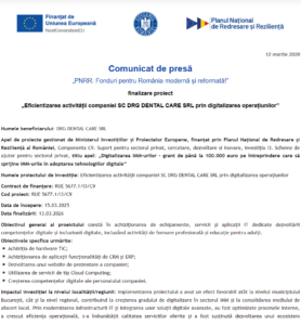 Comunicat de presa finalizare proiect fonduri PNRR - DRG DENTAL CARE SRL