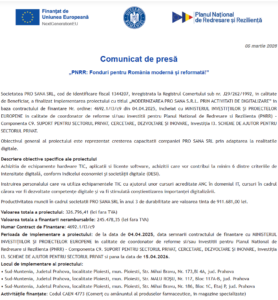 Comunicat de presa finalizare proiect fonduri PNRR - PRO SANA SRL