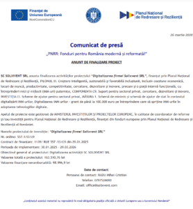 Comunicat de presa finalizare proiect fonduri PNRR - SOLIXVENT SRL