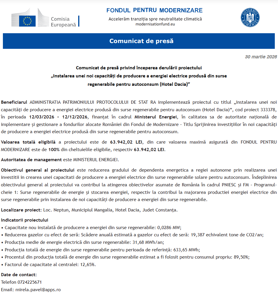 Comunicat de presă privind începerea derulării proiectului „Instalarea unei noi capacităţi de producere a energiei electrice produsă din surse regenerabile pentru autoconsum (Hotel Dacia)”
