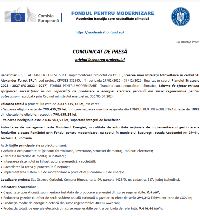 Comunicat de presă privind începerea derulării proiectului „Crearea unei instalații fotovoltaice în cadrul SC Alexander Forest SRL”