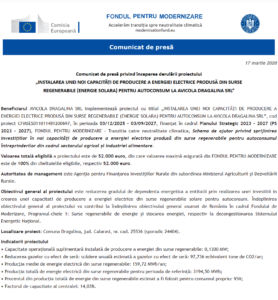 Comunicat de presa incepere proiect Fondul pentru Modernizare - AVICOLA DRAGALINA SRL