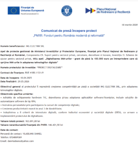 Comunicat de presa incepere proiect fonduri PNRR - ING ELECTRIK SRL