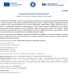 Comunicat de presa incepere proiect fonduri PNRR - TEHNICA DE AUTOMATIZARE – SIBIU SRL