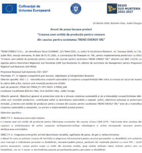 Comunicat de presa incepere proiect fonduri europene TREND ENERGY SRL