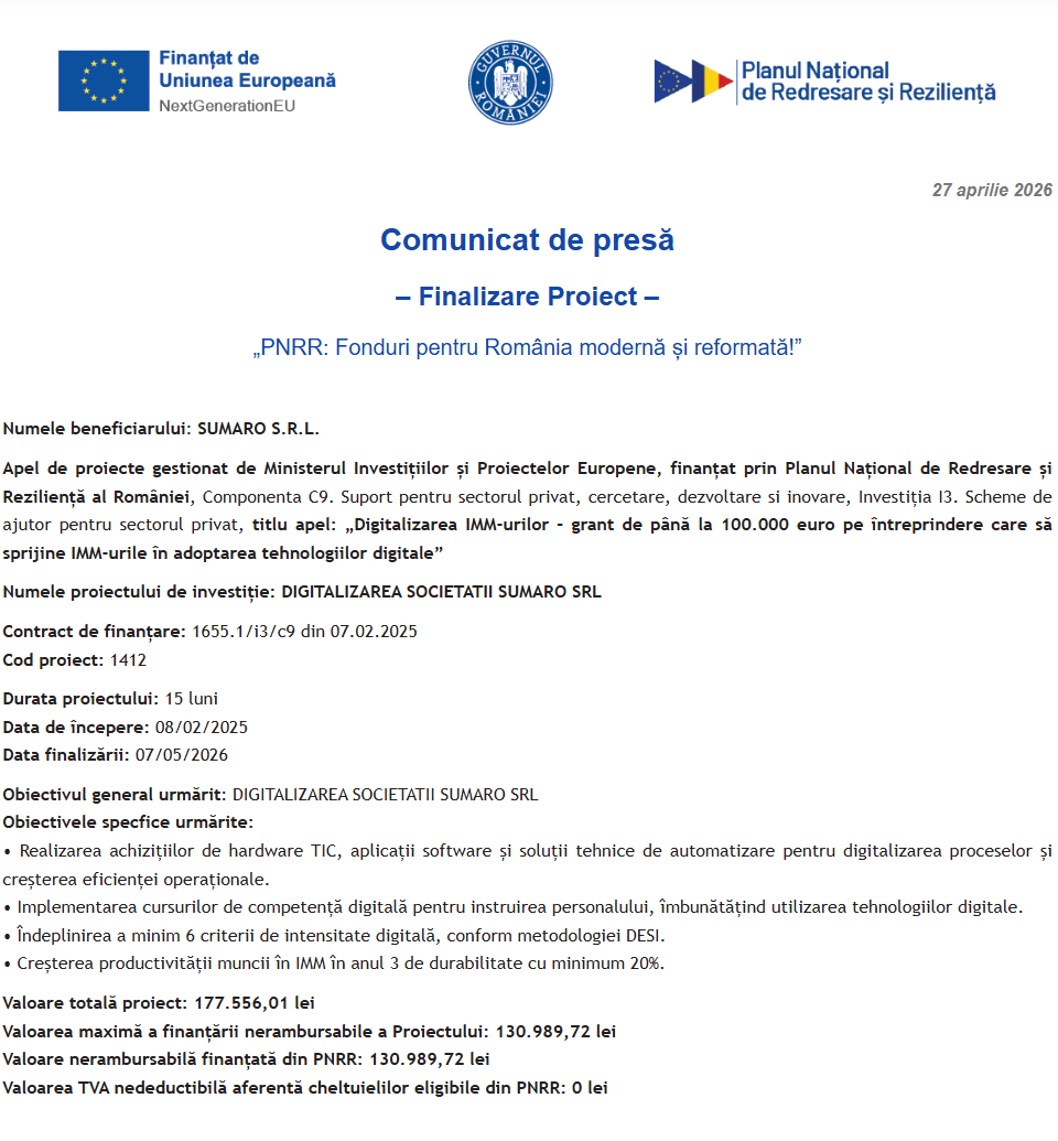 Comunicat de presă privind finalizarea derulării proiectului “DIGITALIZAREA SOCIETATII “SUMARO SRL”