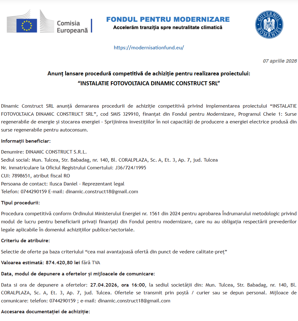 Anunț lansare procedură competitivă de achiziție pentru realizarea proiectului: „INSTALATIE FOTOVOLTAICA DINAMIC CONSTRUCT SRL”