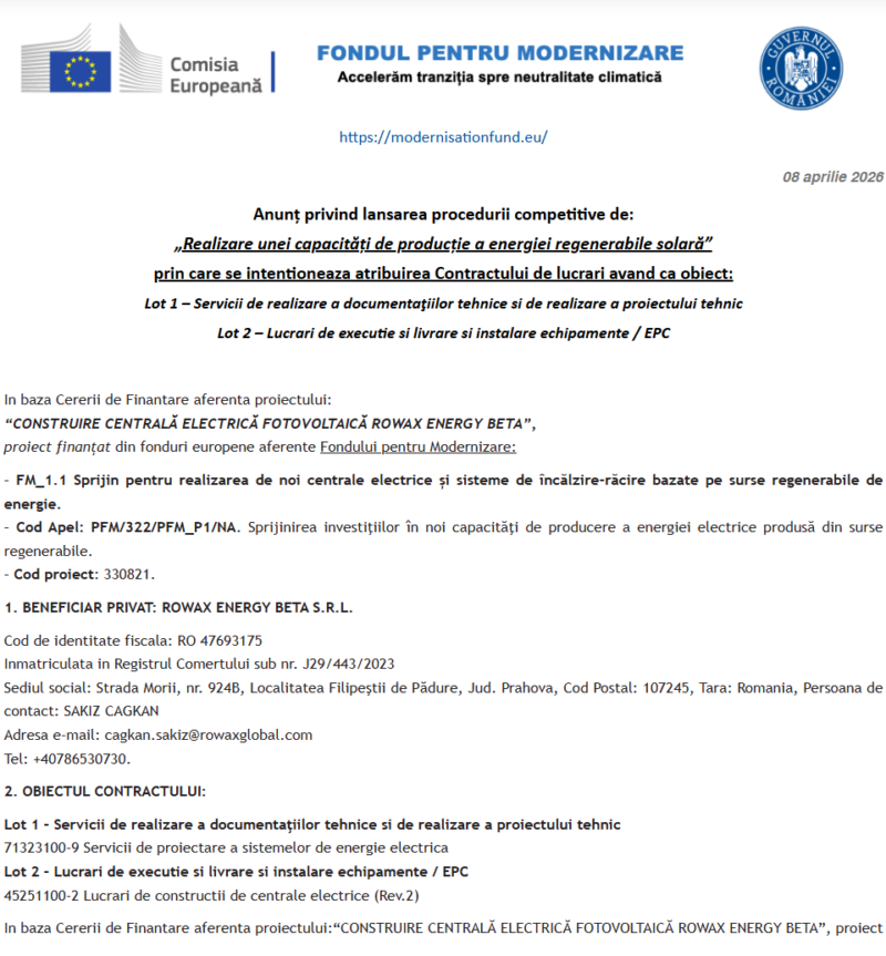 Anunț lansare procedură competitivă de achiziție pentru realizarea proiectului: „Realizare unei capacități de producție a energiei regenerabile solară”