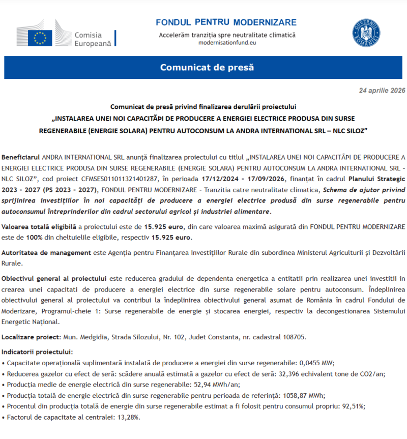 Comunicat de presă privind finalizarea derulării proiectului „INSTALAREA UNEI NOI CAPACITATI DE PRODUCERE A ENERGIEI ELECTRICE PRODUSA DIN SURSE REGENERABILE (ENERGIE SOLARA) PENTRU AUTOCONSUM LA ANDRA INTERNATIONAL SRL – NLC SILOZ”