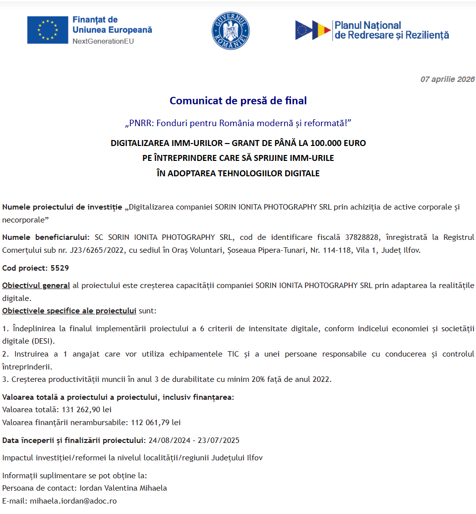 Comunicat de presă privind finalizarea derulării proiectului „Digitalizarea companiei SORIN IONITA PHOTOGRAPHY SRL prin achiziția de active corporale și necorporale”