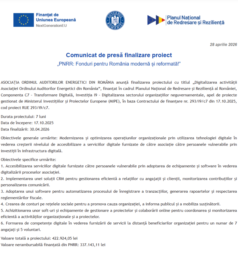 Comunicat de presă privind finalizarea derulării proiectului “Digitalizarea activității Asociației Ordinul Auditorilor Energetici din România”