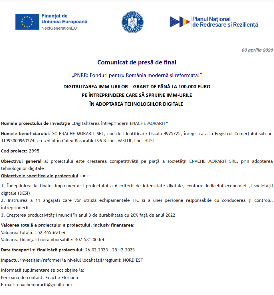 Comunicat de presă privind finalizarea derulării proiectului „Digitalizarea întreprinderii ENACHE MORARIT”