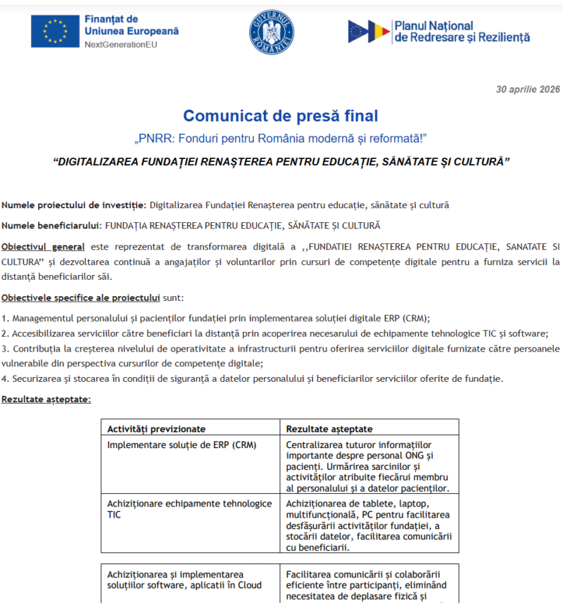 Comunicat de presă privind finalizarea derulării proiectului “DIGITALIZAREA FUNDAȚIEI RENAȘTEREA PENTRU EDUCAȚIE, SĂNĂTATE ȘI CULTURĂ”