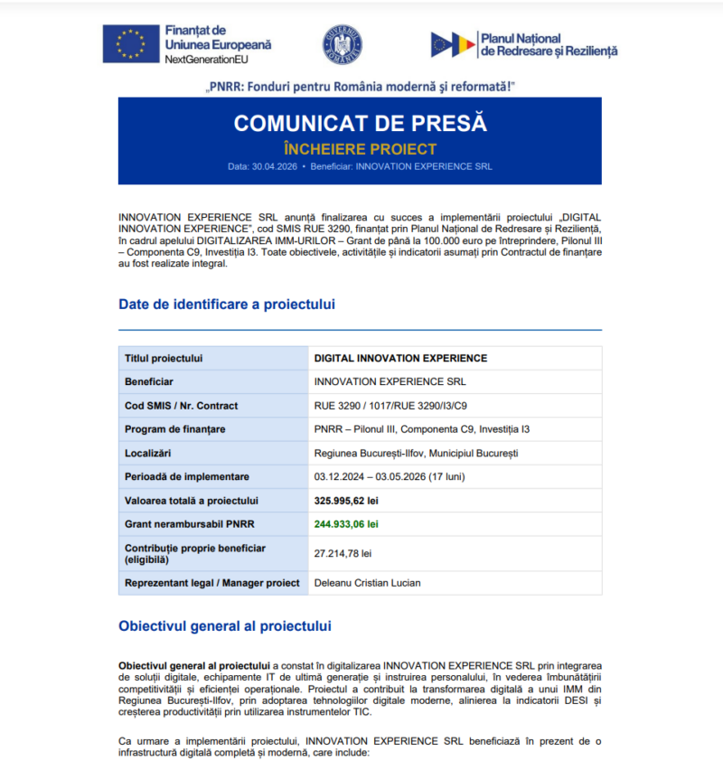 Comunicat de presă privind finalizarea derulării proiectului “DIGITAL INNOVATION EXPERIENCE”