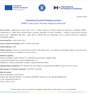 Comunicat de presa finalizare proiect fonduri PNRR - London Tailors SRL