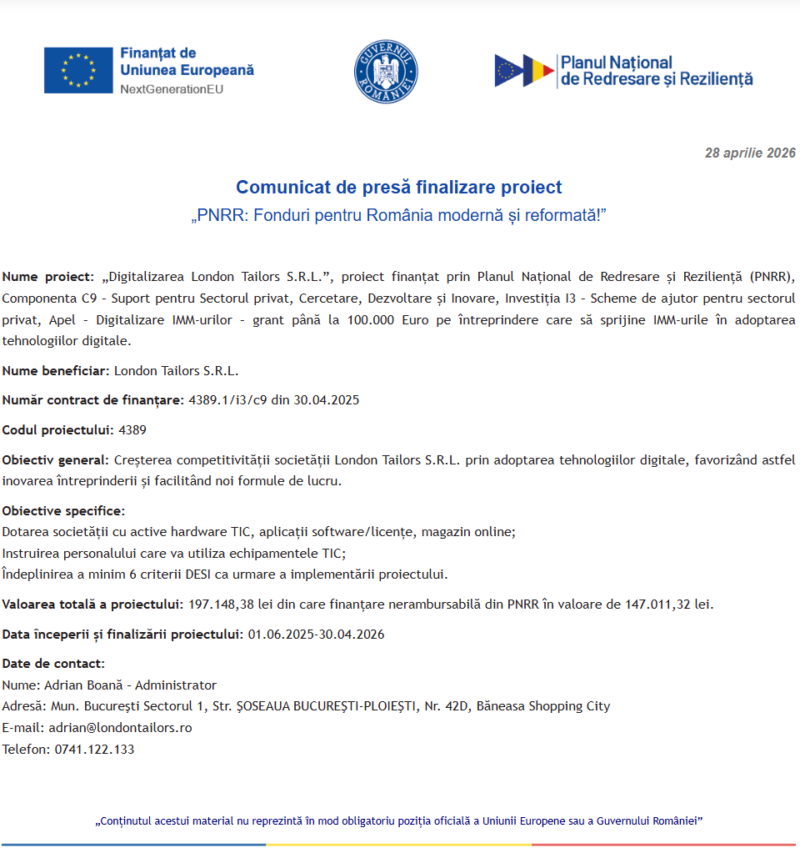 Comunicat de presă privind finalizarea derulării proiectului “Digitalizarea London Tailors S.R.L.”