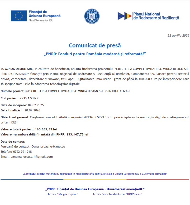 Comunicat de presă privind finalizarea derulării proiectului „CRESTEREA COMPETITIVITATII SC MINOA DESIGN SRL PRIN DIGITALIZARE”