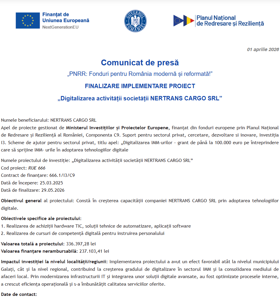 Comunicat de presă privind finalizarea derulării proiectului “Digitalizarea activității societății NERTRANS CARGO SRL”