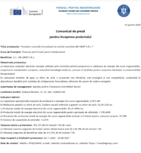 Comunicat de presa incepere proiect Fondul pentru Modernizare - ABI GRUP SRL