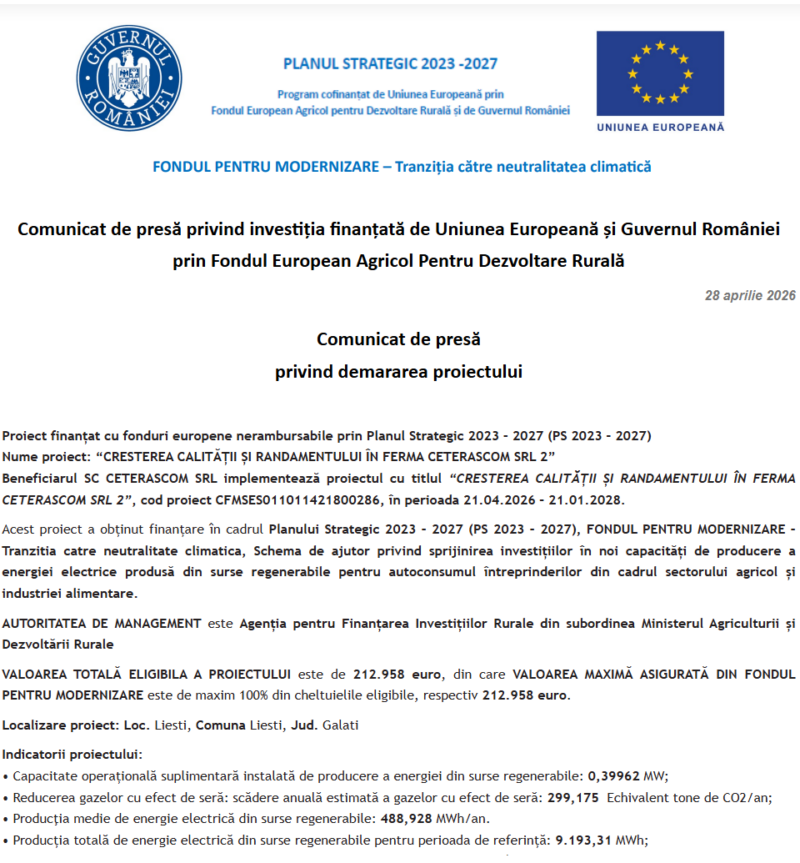 Comunicat de presă privind începerea derulării proiectului „CRESTEREA CALITĂȚII ȘI RANDAMENTULUI ÎN FERMA CETERASCOM SRL 2”