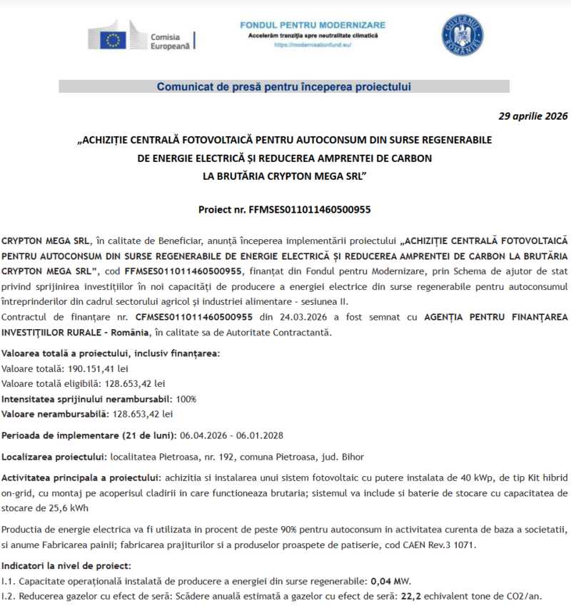 Comunicat de presă privind începerea derulării proiectului „ACHIZIȚIE CENTRALĂ FOTOVOLTAICĂ PENTRU AUTOCONSUM DIN SURSE REGENERABILE DE ENERGIE ELECTRICĂ ȘI REDUCEREA AMPRENTEI DE CARBON LA BRUTĂRIA CRYPTON MEGA SRL”