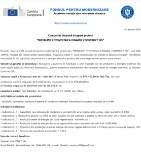 Comunicat de presa incepere proiect Fondul pentru Modernizare - Dinamic Construct SRL