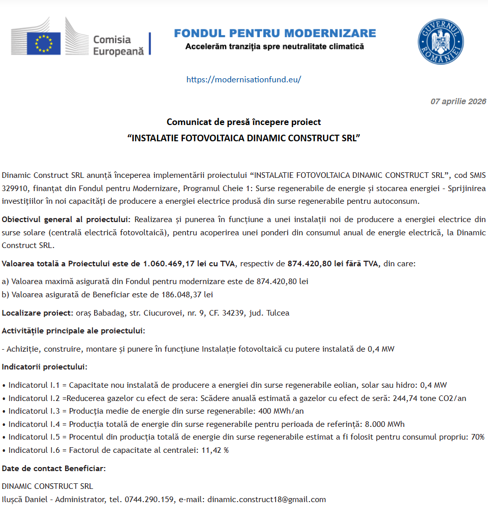 Comunicat de presă privind începerea derulării proiectului „INSTALATIE FOTOVOLTAICA DINAMIC CONSTRUCT SRL”