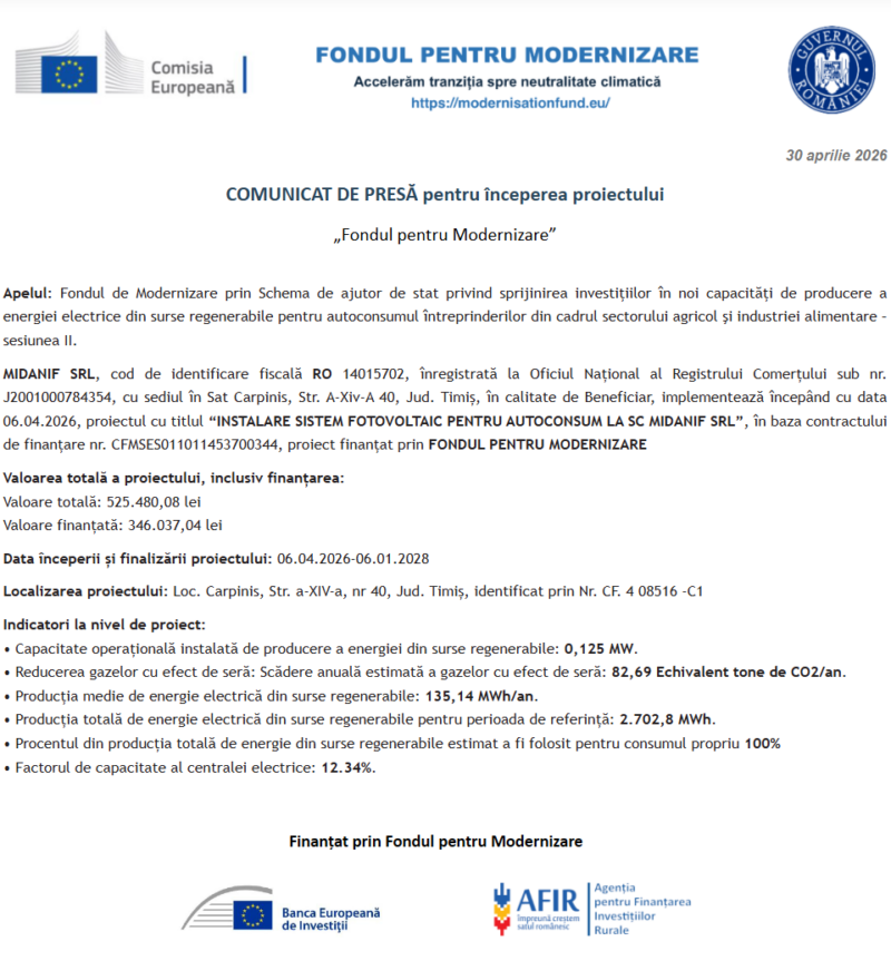 Comunicat de presă privind începerea derulării proiectului „INSTALARE SISTEM FOTOVOLTAIC PENTRU AUTOCONSUM LA SC MIDANIF SRL”