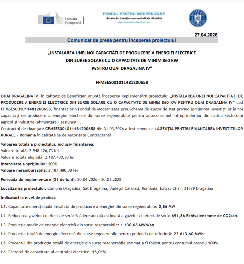 Comunicat de presă privind începerea derulării proiectului „INSTALAREA UNEI NOI CAPACITĂȚI DE PRODUCERE A ENERGIEI ELECTRICE DIN SURSE SOLARE CU O CAPACITATE DE MINIM 860 KW PENTRU OUAI DRAGALINA IV”