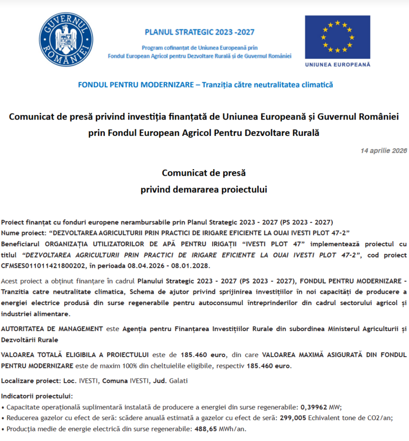 Comunicat de presă privind începerea derulării proiectului „DEZVOLTAREA AGRICULTURII PRIN PRACTICI DE IRIGARE EFICIENTE LA OUAI IVESTI PLOT 47-2”