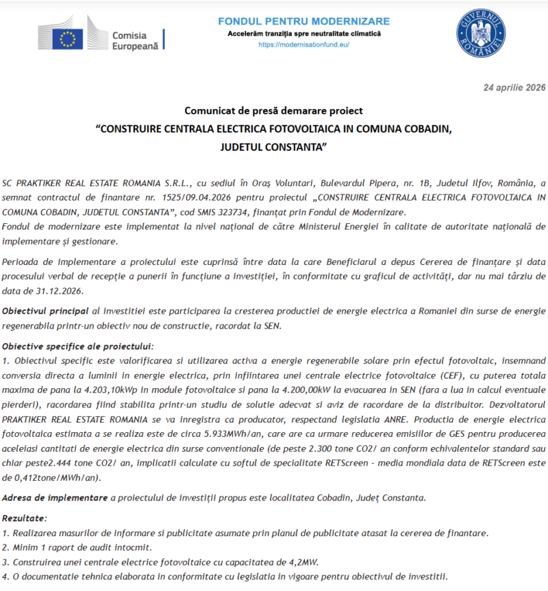 Comunicat de presă privind începerea derulării proiectului „CONSTRUIRE CENTRALA ELECTRICA FOTOVOLTAICA IN COMUNA COBADIN, JUDETUL CONSTANTA”