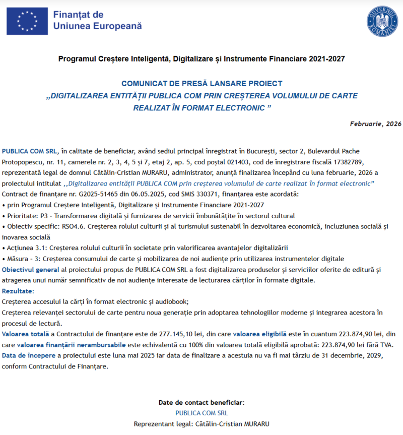 Comunicat de presă privind începerea derulării proiectului “DIGITALIZAREA ENTITĂȚII PUBLICA COM PRIN CREȘTEREA VOLUMULUI DE CARTE REALIZAT ÎN FORMAT ELECTRONIC”