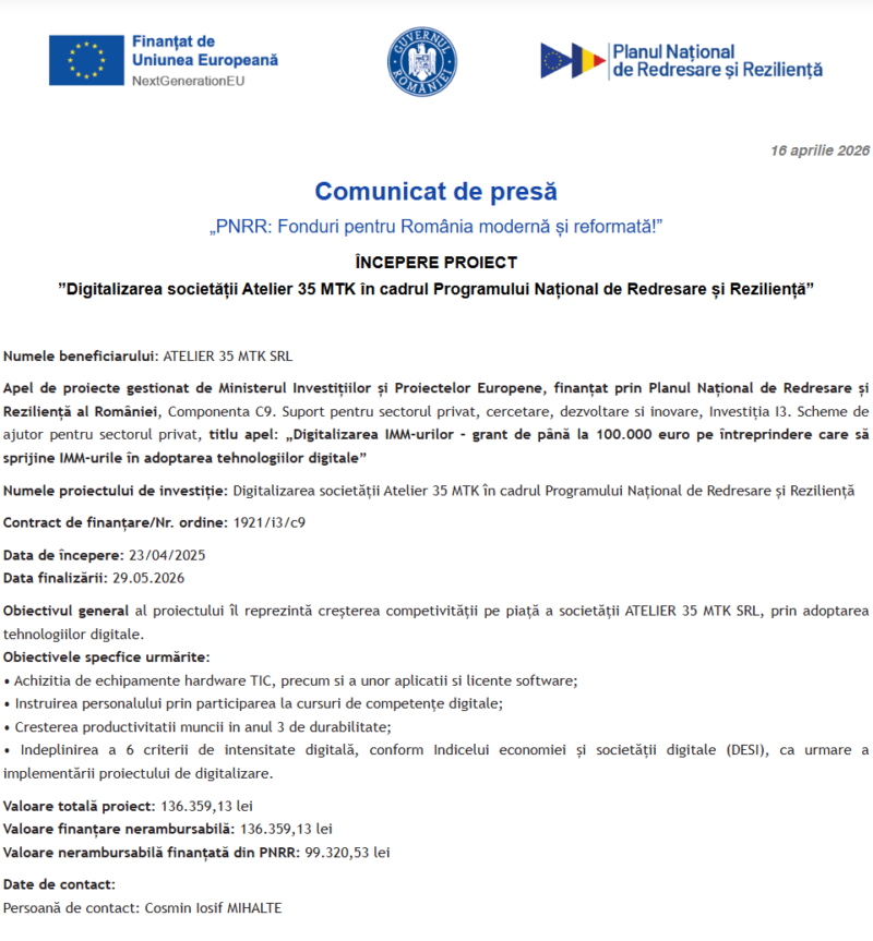 Comunicat de presă privind începerea derulării proiectului “Digitalizarea societății Atelier 35 MTK în cadrul Programului Național de Redresare și Reziliență”