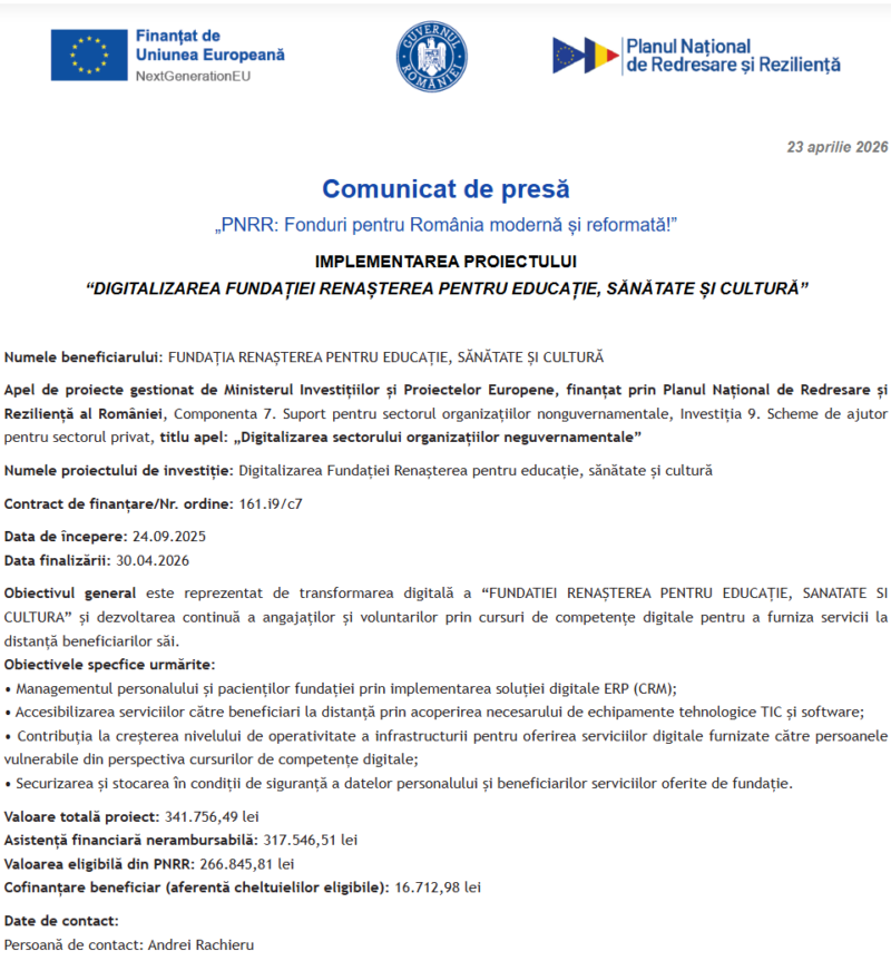 Comunicat de presă privind începerea derulării proiectului “DIGITALIZAREA FUNDAȚIEI RENAȘTEREA PENTRU EDUCAȚIE, SĂNĂTATE ȘI CULTURĂ”