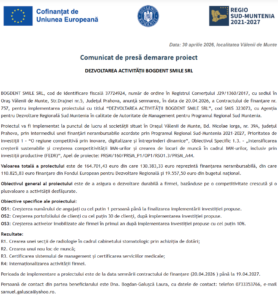 Comunicat de presa incepere proiect fonduri europene BOGDENT SMILE SRL