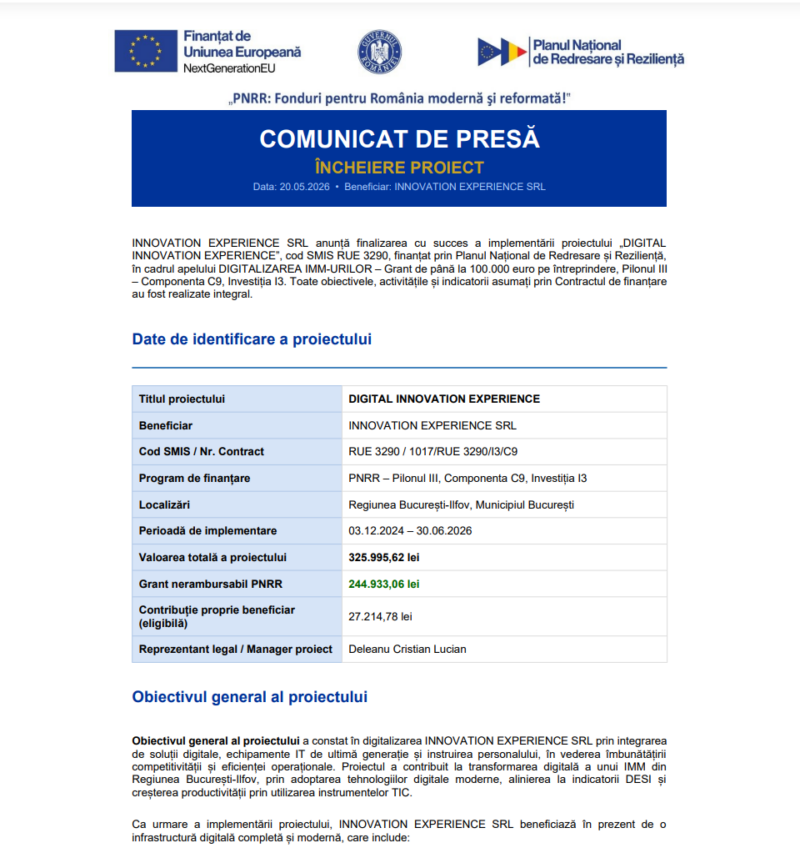 Comunicat de presă privind finalizarea derulării proiectului “DIGITAL INNOVATION EXPERIENCE”
