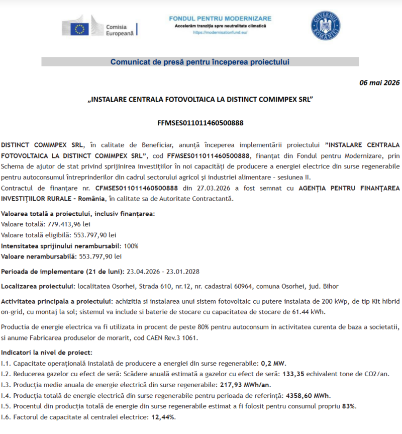 Comunicat de presă privind începerea derulării proiectului „INSTALARE CENTRALA FOTOVOLTAICA LA DISTINCT COMIMPEX SRL”