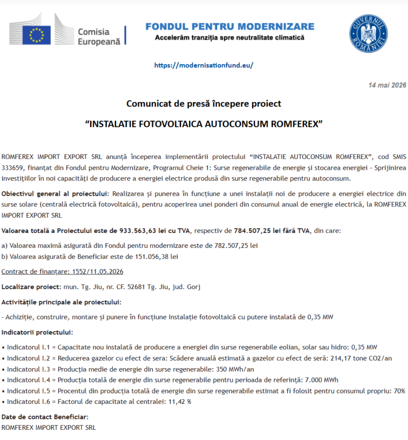 Comunicat de presă privind începerea derulării proiectului „INSTALATIE AUTOCONSUM ROMFEREX”