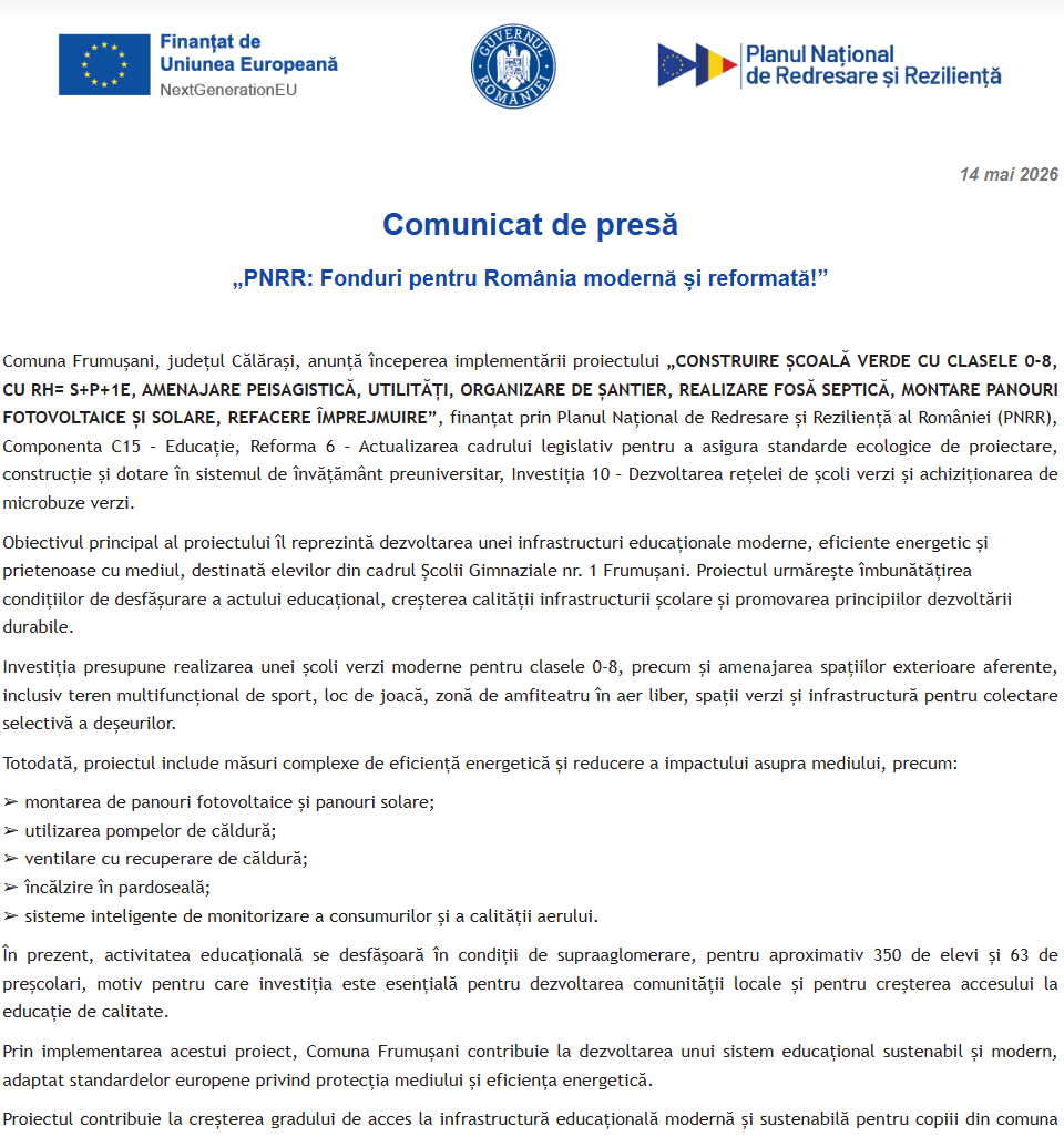 Comunicat de presă privind începerea derulării proiectului “CONSTRUIRE ȘCOALĂ VERDE CU CLASELE 0-8, CU RH= S+P+1E, AMENAJARE PEISAGISTICĂ, UTILITĂȚI, ORGANIZARE DE ȘANTIER…”