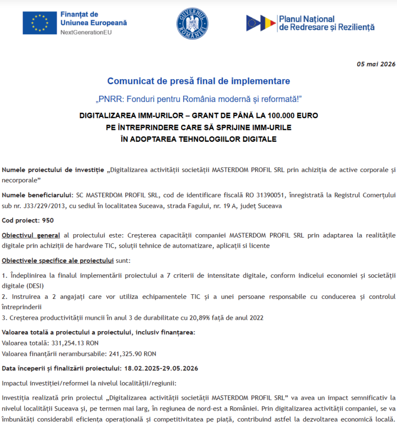 Comunicat de presă privind finalizarea derulării proiectului „Digitalizarea activității societății MASTERDOM PROFIL SRL prin achiziția de active corporale și necorporale”