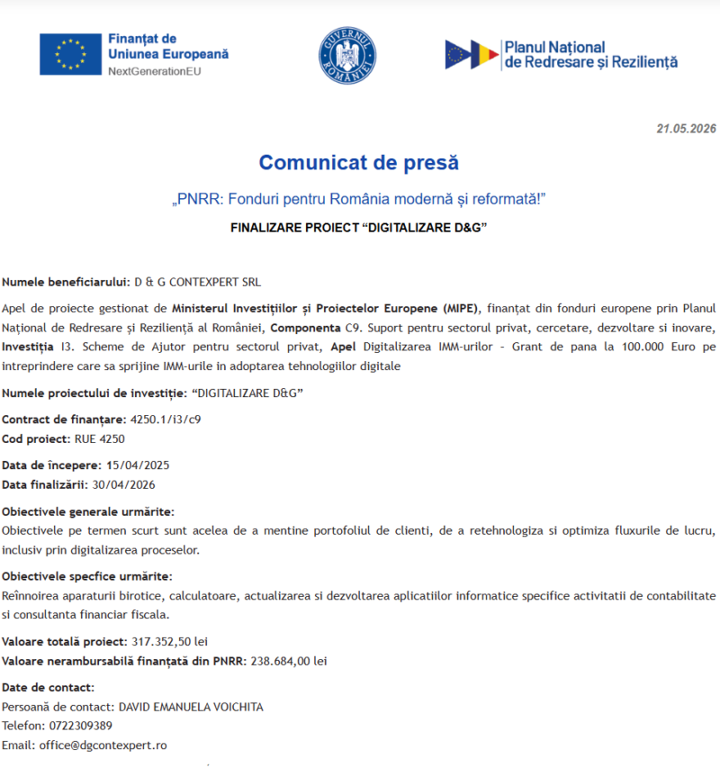 Comunicat de presă privind finalizarea derulării proiectului “DIGITALIZARE D&G”